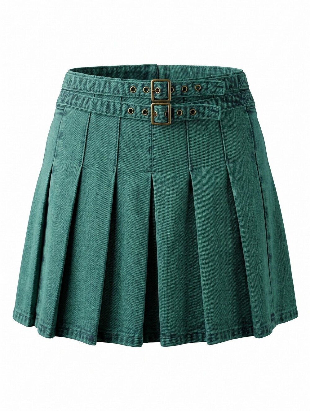 NWT! Cider Teal Pleated Denim Mini Skirt with Double Buckle Waist